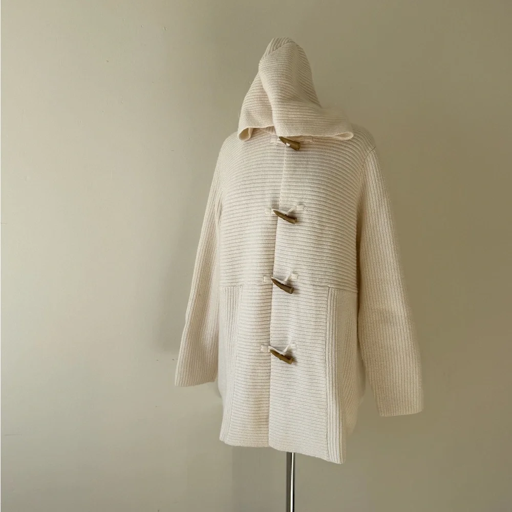 Chaps Ralph Lauren Toggle Knit Cardigan Sweater XL Cream Hooded Cottage Cozy - Picture 2 of 10